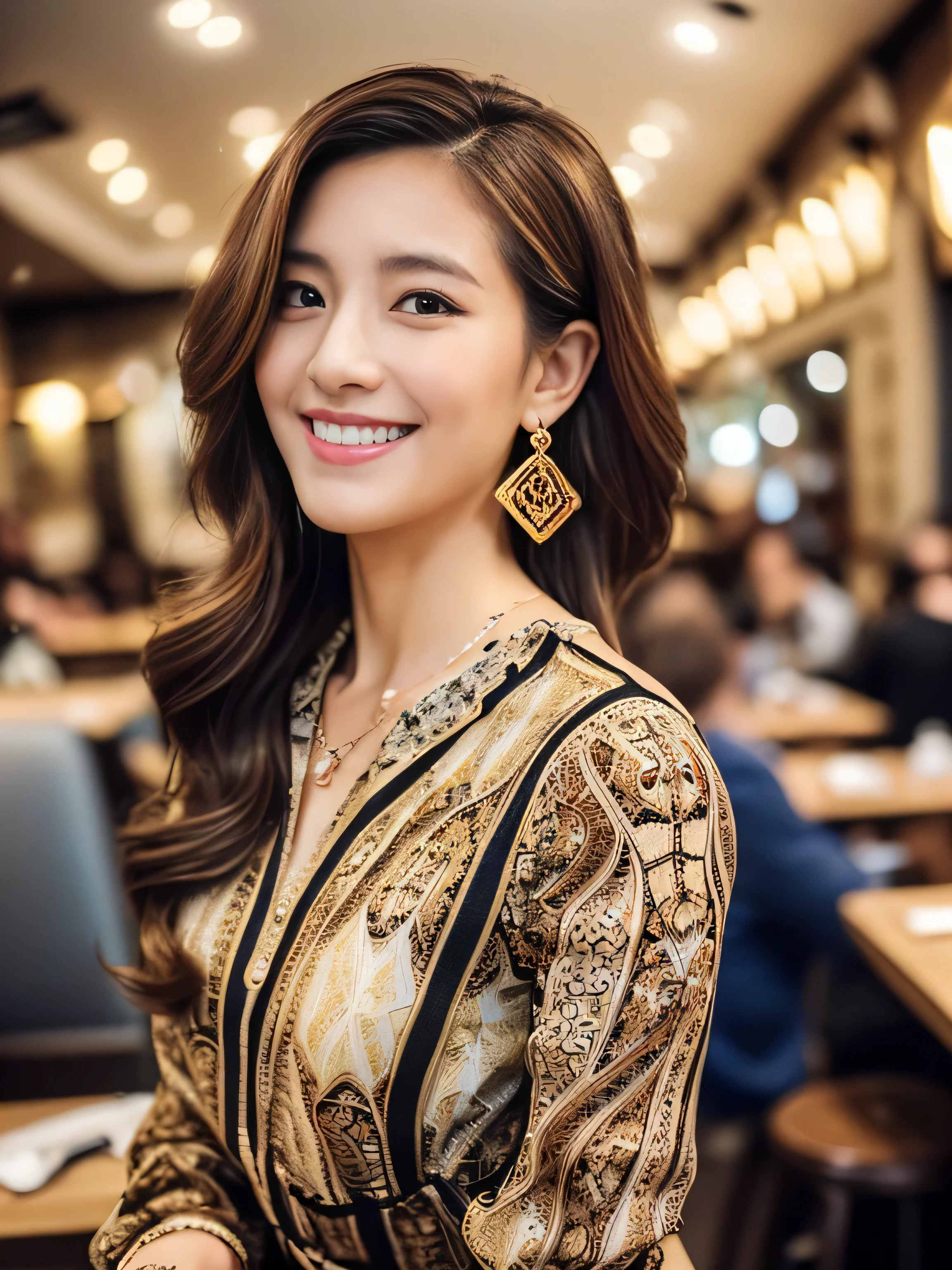 ((highest quality, 8k, masterpiece: 1.3)), 1 girl, smile, whole body, Slim face, Beautiful woman, Medium dark brown hair, White crisp shirt at upper body, The upper body is black straight suit pants, High heels, Highly detailed face, Fine grain, double eyelid, Blurred Background, Slim face, skyscraper, West Shot,((Loosely inward wavy hair:1.2)),((Gold Necklace_Large earrings:1.2)),((Extra long brown hair:1.2))((((((wearing intricately patterned shirt mini dress‗long sleeve_see-through)),))、((full figure supermodel standing, entire body in frame))((In a crowded café at dusk:1.3))((arms up:1.3)),((From an oblique angle above:1.5)),