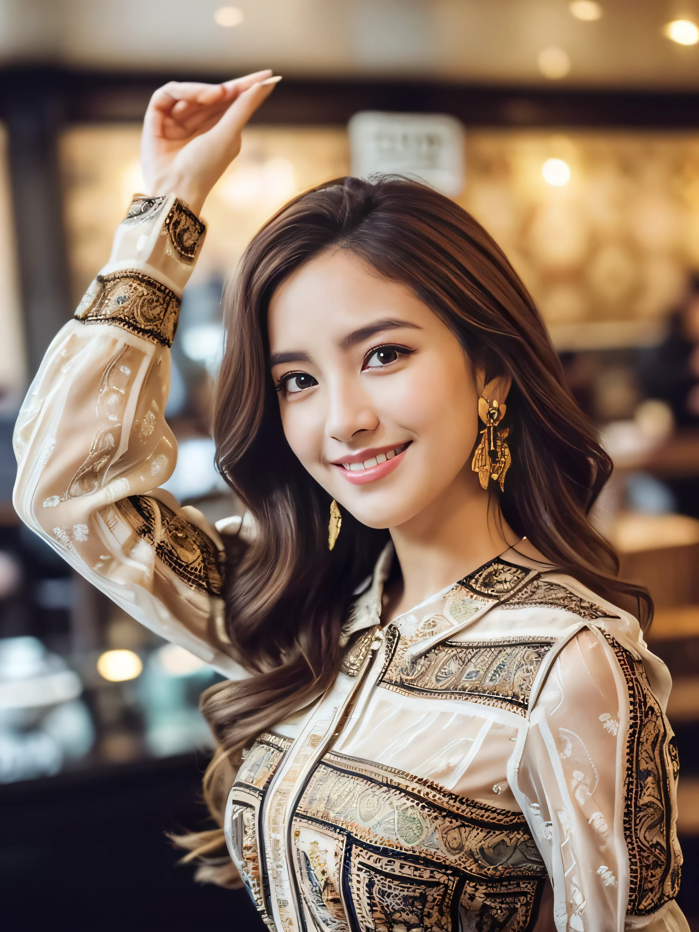 ((highest quality, 8k, masterpiece: 1.3)), 1 girl, smile, whole body, Slim face, Beautiful woman, Medium dark brown hair, White crisp shirt at upper body, The upper body is black straight suit pants, High heels, Highly detailed face, Fine grain, double eyelid, Blurred Background, Slim face, skyscraper, West Shot,((Loosely inward wavy hair:1.2)),((Gold Necklace＿Large earrings:1.2)),((Extra long brown hair:1.2))((((((wearing intricately patterned shirt mini dress‗long sleeve_see-through)),))、((full figure supermodel standing, entire body in frame))((In a crowded café at dusk:1.3))((arms up:1.3)),((From an oblique angle above:1.5)),