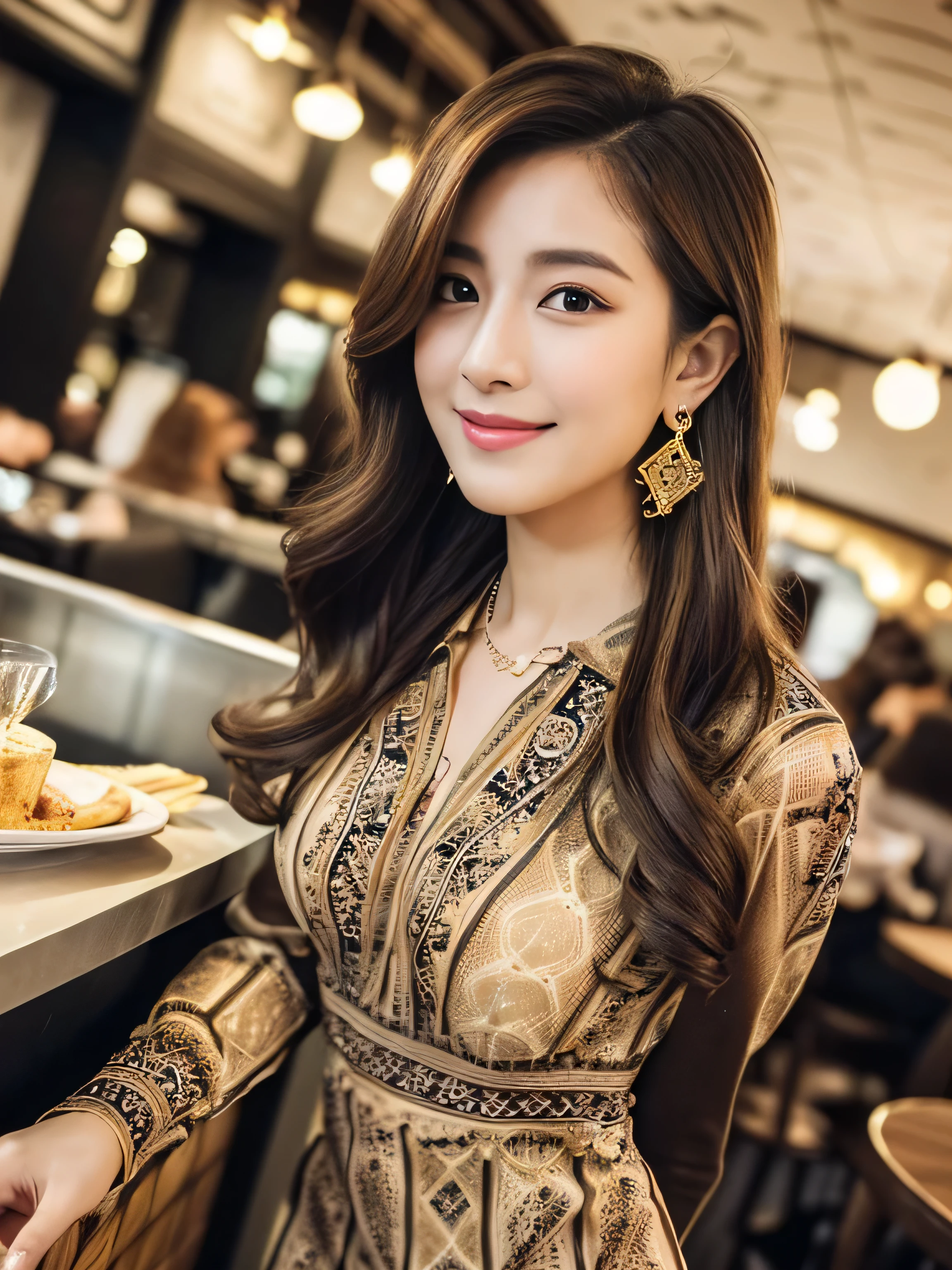 ((highest quality, 8k, masterpiece: 1.3)), 1 girl, smile, whole body, Slim face, Beautiful woman, Medium dark brown hair, White crisp shirt at upper body, The upper body is black straight suit pants, High heels, Highly detailed face, Fine grain, double eyelid, Blurred Background, Slim face, skyscraper, West Shot,((Loosely inward wavy hair:1.2)),((Gold Necklace_Large earrings:1.2)),((Extra long brown hair:1.2))((((((wearing intricately patterned shirt mini dress‗long sleeve_see-through)),))、((full figure supermodel standing, entire body in frame))((In a crowded café at dusk:1.3))((salute:1.3)),((From an oblique angle above:1.5)),