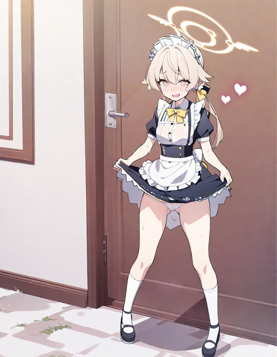 Hifumi, Hifumi_blue_archive, mind break, yandere, obsessive, high quality, professional work, popular, blue archive style, anime style, detailed, full body, heart shaped pupils, smugish, smug, wants sex, is horny, Yandere, maid outfit, maid, erotic clothes, mansion, 1 girl, lift skirt, wet panties, panties, tight panties