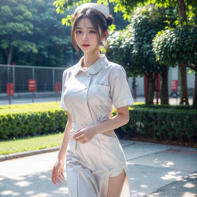((masterpiece,best quality))1girl, white nurse uniform, hospital, large breast, bun hair, walking, bright bokeh background,
