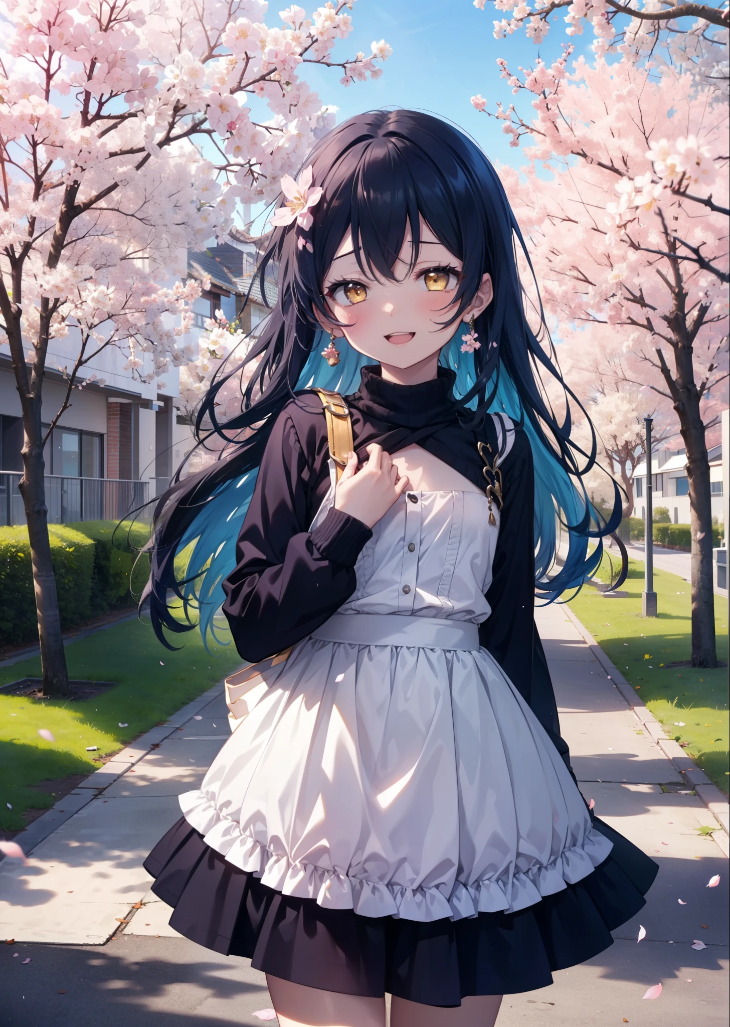 You are so kind, umi sonoda, Long Hair, Blue Hair, (Yellow Eyes:1.5) (Flat Chest:1.2),happy smile, smile, Open your mouth,
sweater,Long skirt,Mini Boots,Cherry blossoms are blooming,Cherry blossoms are scattered,Cherry blossom tree-lined path,happy smile, smile, Open your mouth,So that the whole body goes into the illustration,smile,blush, break looking at viewer, (Cowboy Shot:1. 5) break outdoors, School　School building, break (masterpiece:1.2), highest quality, High resolution, unity 8k wallpaper, (figure:0.8), (Detailed and beautiful eyes:1.6), Highly detailed face, Perfect lighting, Extremely detailed CG, (Perfect hands, Perfect Anatomy),