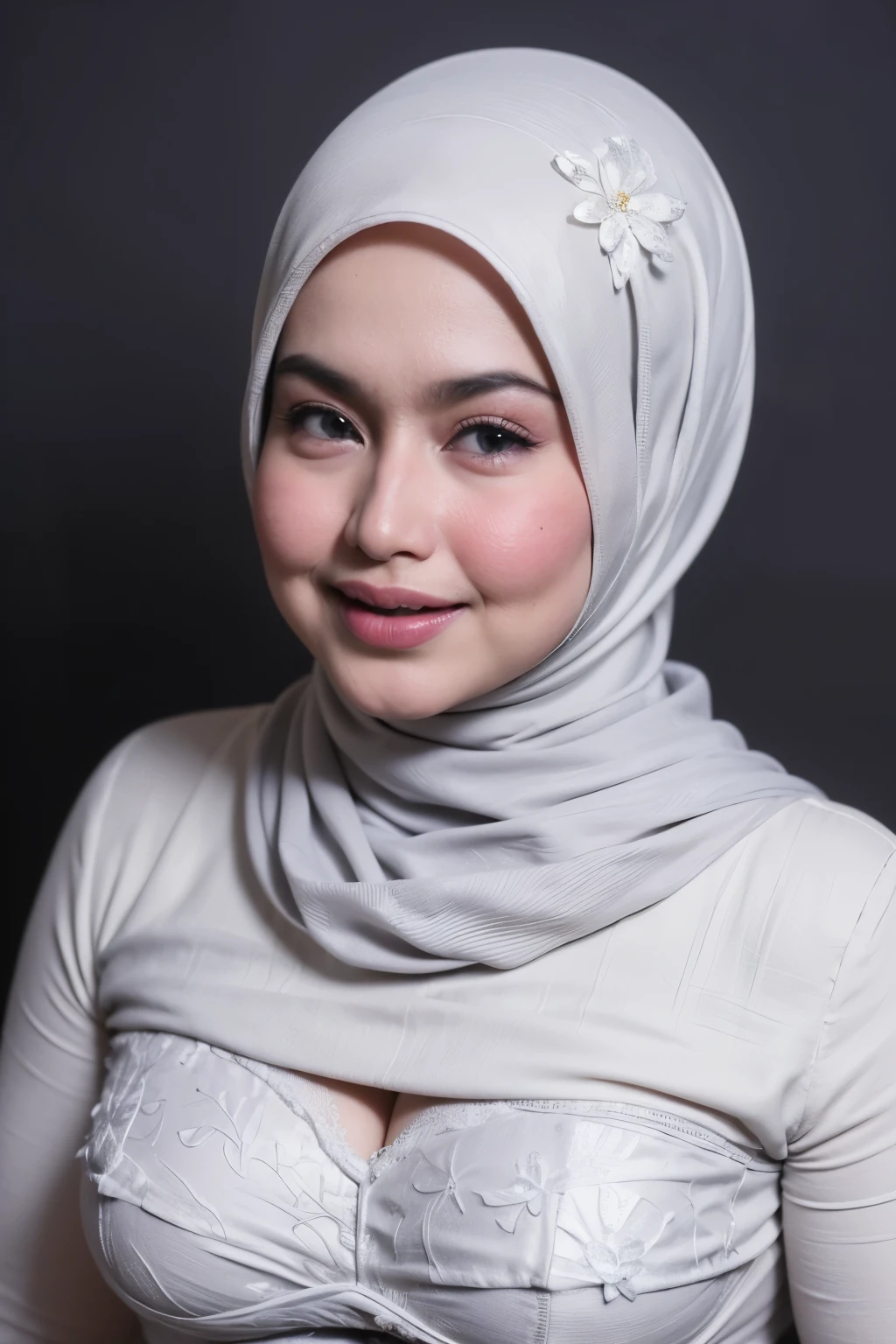 CHUBBY, ((CHUBBY:1.6)), (Happy smile), (((HIJAB MALAY GIRL))), masutepiece, High quality, UHD 32K, Realistic face, Realistic skin feeling , A Japanese Lady, 58 years old matured lady, , Very cute and baby-like face, (((FLAT CHEST))), (Night time at forest), ((look In front at the camera and SADNESS)), (((WHITE FLUORESCENT))), (((CUTE GIRL))), ((LIGHT GREY FLUORESCENT LIPS)), ((Floral Pattern)) little ((wearing strapless bra)), strapless colorful bra, dark night background , black forest night, horror scary place, (from behind up) seductive pose, naked naked