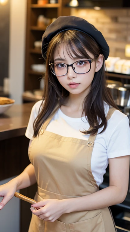 highest quality, Flying debris, Ultra-high resolution, (that&#39;Realistic:1.4), RAW Photos, 1 girl,  ((cafe staff)),((Cute Uniform)),(white t-shirt and jeans)),((beige apron)), Hair tied up, Plain black newsboy cap,Slender body,fine grain,(realistic eyes),Delicate face,realsK&#39;s,Detailed Hair,Detailed sKさんin, Very large breasts, Big Breasts, Always wear your glasses, Pretty face, Blowjob, Holding an invisible cylindrical object、thatを口に近づける, Kneel, Close ~ eyes