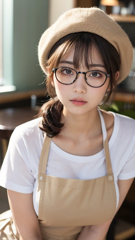 highest quality, Flying debris, Ultra-high resolution, (that&#39;Realistic:1.4), RAW Photos, 1 girl,  ((cafe staff)),((Cute Uniform)),(white t-shirt and jeans)),((beige apron)), Hair tied up, Plain black newsboy cap,Slender body,fine grain,(realistic eyes),Delicate face,realsK&#39;s,Detailed Hair,Detailed sKさんin, Very large breasts, Big Breasts, Always wear your glasses, Pretty face, Blowjob, Holding an invisible cylindrical object、thatを口に近づける, Kneel, Close ~ eyes