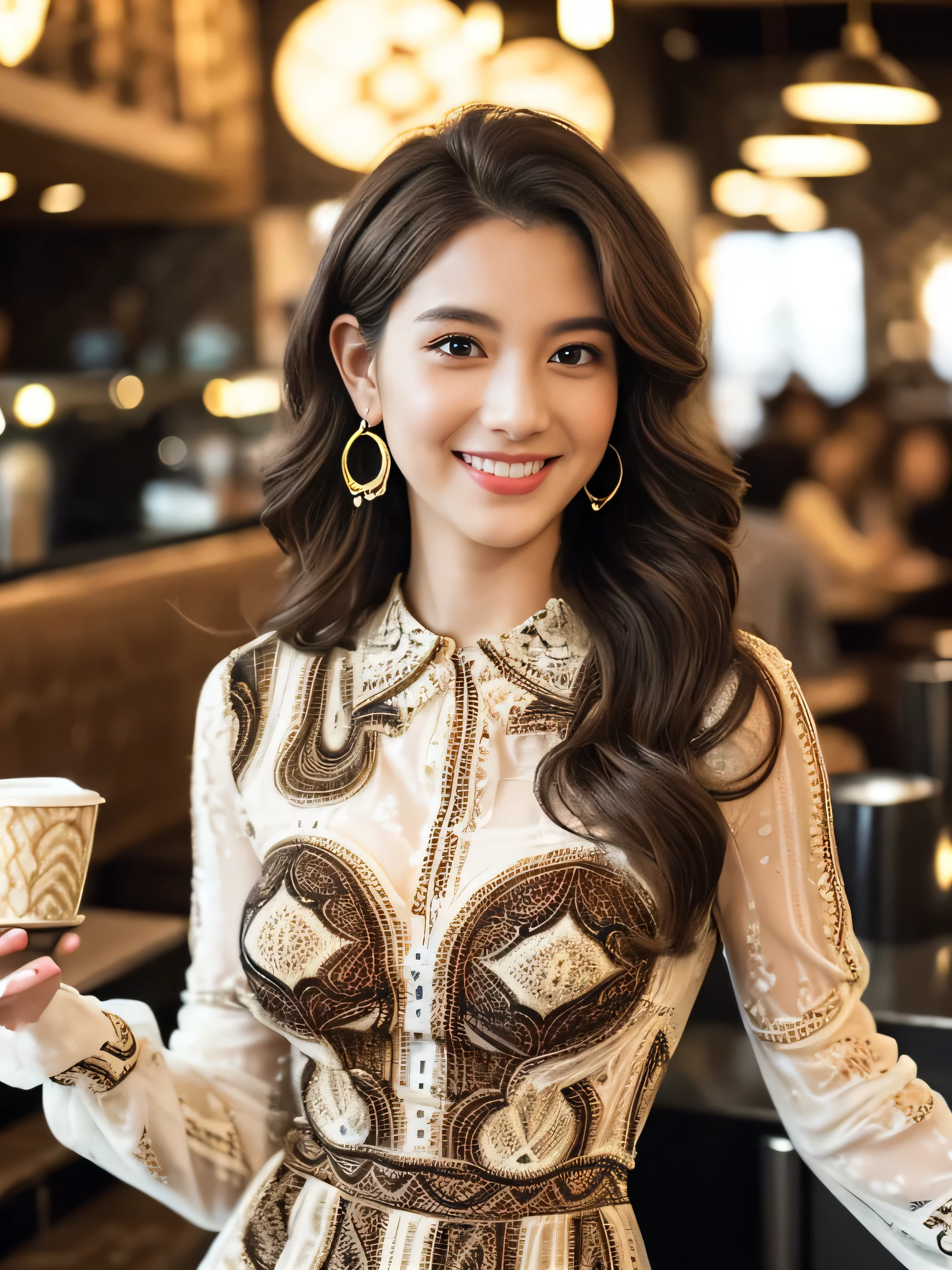 ((highest quality, 8k, masterpiece: 1.3)), 1 girl, smile, whole body, Slim face, Beautiful woman, Medium dark brown hair, White crisp shirt at upper body, The upper body is black straight suit pants, High heels, Highly detailed face, Fine grain, double eyelid, Blurred Background, Slim face, skyscraper, West Shot,((Loosely inward wavy hair:1.2)),((Gold Necklace_Large earrings:1.2)),((Extra long brown hair:1.2))((((((wearing intricately patterned shirt mini dress‗long sleeve_see-through)),))、((full figure supermodel standing, entire body in frame))((In a crowded café at dusk:1.3))