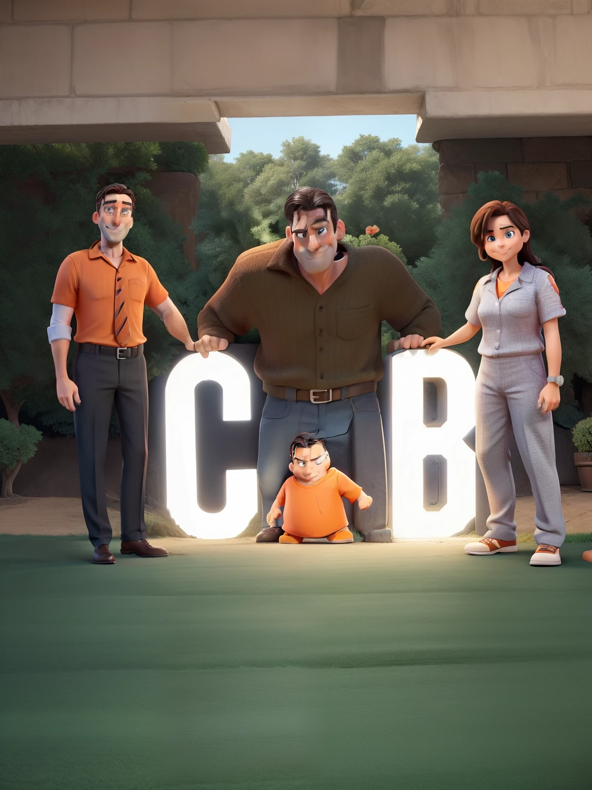 Jon Hamm, Cartoon in orange shirt and black pants, crossed arms, olhando para frente e sorrindo com os dentes aparecendo;
