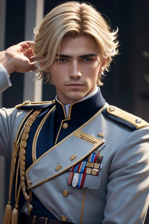 Hombre con cabello largo rubia a ala altura de la espalda y ojos azules soldado de 1920