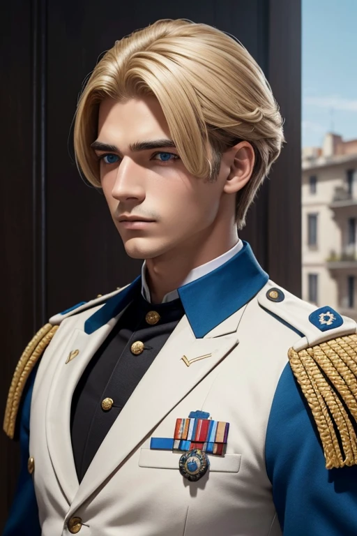 Hombre con cabello largo rubia a ala altura de la espalda y ojos azules soldado de 1920