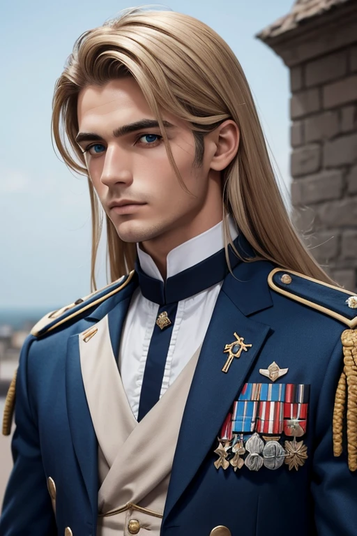 Hombre con cabello largo rubia a ala altura de la espalda y ojos azules soldado de 1920
