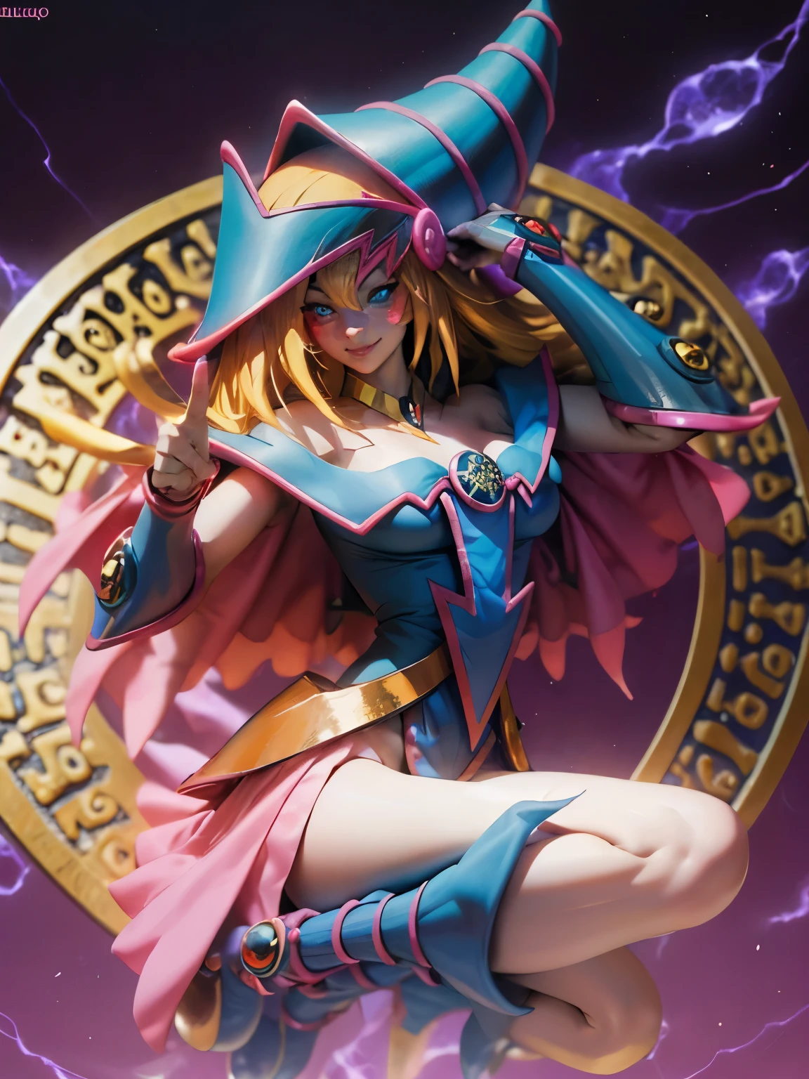 Ultra detallado una dark magician gils. Levitating and with a magic circle in the background.  Ojos azules. Labios rojos. Pelo rubio. Seductive look and dreamy smile. Pose sensual y sexy. Fondo de magia 