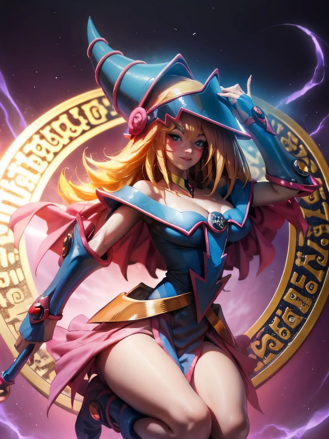 Ultra detallado una dark magician gils. Levitating and with a magic circle in the background.  Ojos azules. Labios rojos. Pelo rubio. Seductive look and dreamy smile. Pose sensual y y. Fondo de magia 