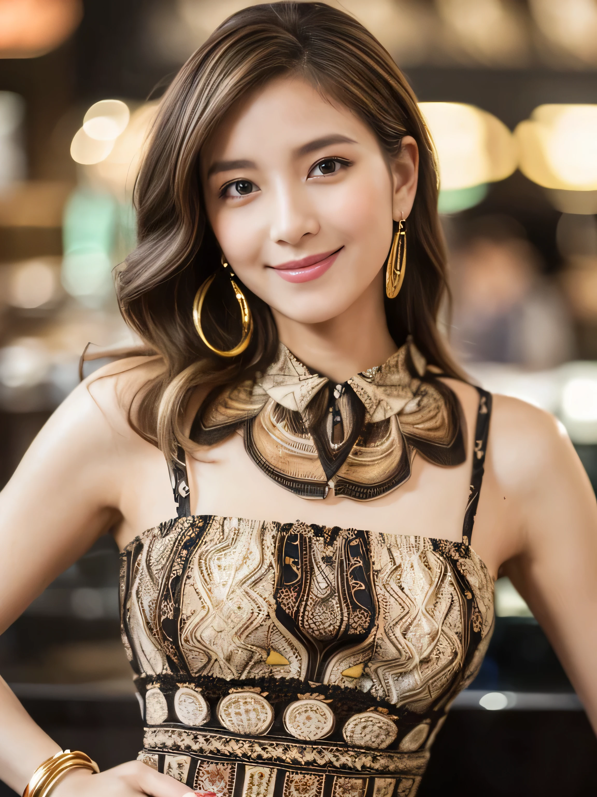 ((highest quality, 8k, masterpiece: 1.3)), 1 girl, smile, whole body, Slim face, Beautiful woman, Medium dark brown hair, White crisp shirt at upper body, The upper body is black straight suit pants, High heels, Highly detailed face, Fine grain, double eyelid, Blurred Background, Slim face, skyscraper, West Shot,((Loosely inward wavy hair:1.2)),((Gold Necklace_Large earrings:1.2)),((Extra long brown hair:1.2))((((((wearing intricately patterned shirt mini dress)),))、((full figure supermodel standing, entire body in frame))((In a crowded café at dusk:1.3))