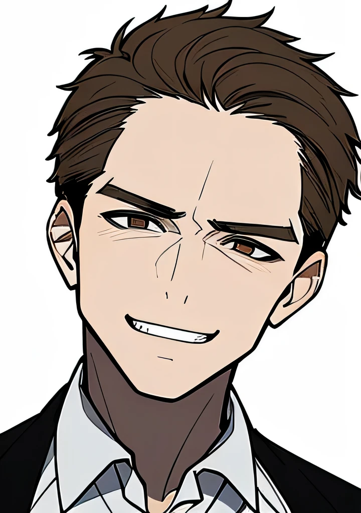 One 45 year old Adult male, handsome, brownish blonde short hair parted down the middle, side burns, stubble, brown eyes, cocky overconfident and murderous expression, shit eating grin, wearing white collared shirt, portrait style, facing forwards, plain grey background