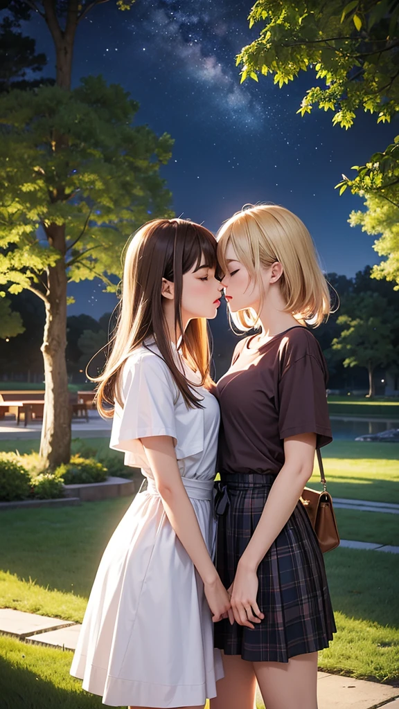 Ultra quality, masterpiece, anime, 2d, animation, Japanese style art, colorful japanese manga, 2 girls, medium blonde hair and lilac eyes, medium brown hair and brown eyes, casual clothes, skirt, t-shirt, dress, french kiss, kiss on the mouth, tongue kiss, intimate, nsfw, salivas, standing, flushed faces, closed eyes, night, dark lighting, stars, moon, bench, trees,  green, grass, park  