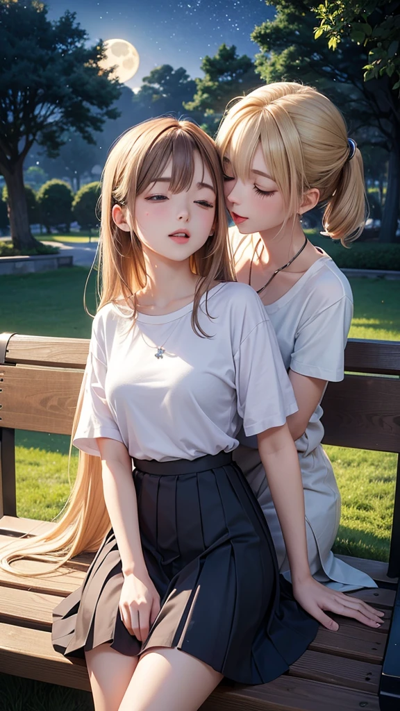 Ultra quality, masterpiece, anime, 2d, animation, Japanese style art, colorful japanese manga, 2 girls, medium blonde hair and lilac eyes, medium brown hair and brown eyes, casual clothes, skirt, t-shirt, dress, french kiss, kiss on the mouth, tongue kiss, intimate, nsfw, salivas, standing, flushed faces, closed eyes, night, dark lighting, stars, moon, bench, trees,  green, grass, park  