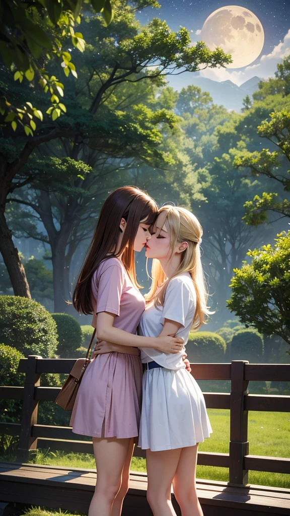 Ultra quality, masterpiece, anime, 2d, animation, Japanese style art, colorful japanese manga, 2 girls, medium blonde hair and lilac eyes, medium brown hair and brown eyes, casual clothes, skirt, t-shirt, dress, french kiss, kiss on the mouth, tongue kiss, intimate, nsfw, salivas, standing, flushed faces, closed eyes, night, dark lighting, stars, moon, bench, trees,  green, grass, park  