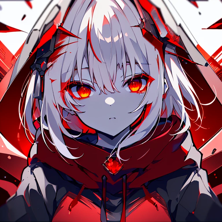 (High resolution,highest quality,Super detailed,wonderful,Attention to detail)White Hair,short hair,Red Eyes,Glowing Eyes,Sharp Eyes,Black hoodie,Cinema Lighting,Delicate face,thought,Red hairpin,Glare,gorgeous,gem,Blood splatter