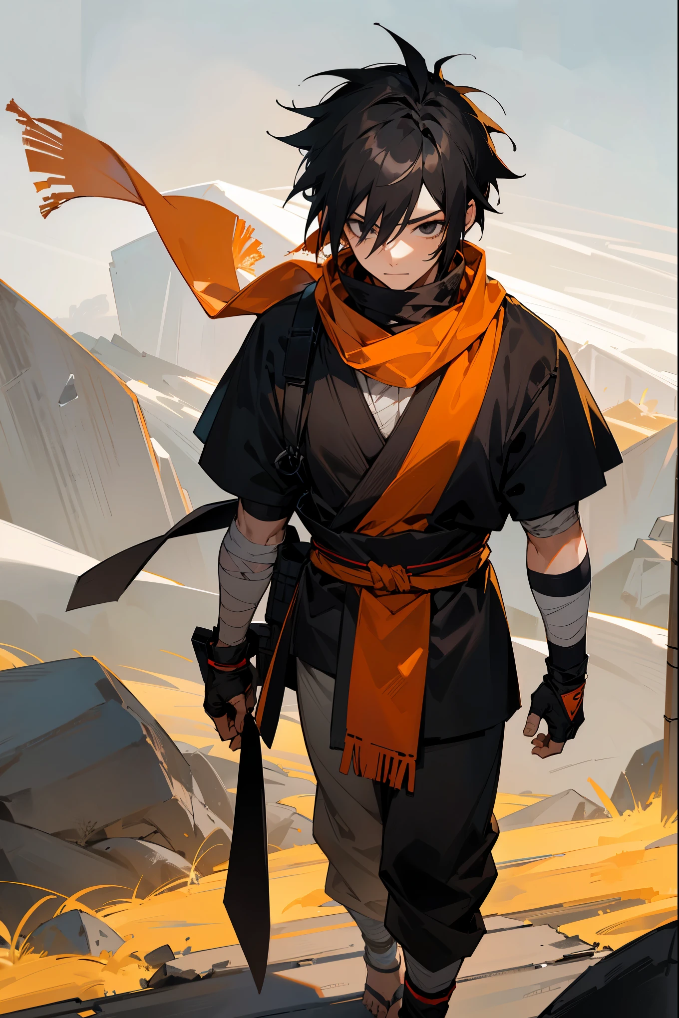 1male, streaked hair, two toned hair, black hair, messy short hair, black eyes, orange shinobi clothing, white bandage scarf around face, bandages body, outside rocky land, night, detailed background, detailed hair, walking on path