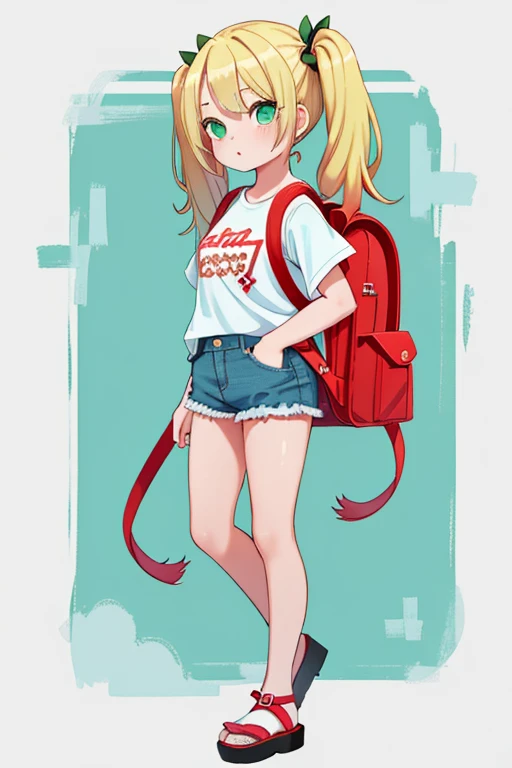 (Female , Blond hair in pigtails, green, eyes, fair skin) wearing a red backpack, a babye shirt, short denim shorts, sandals.