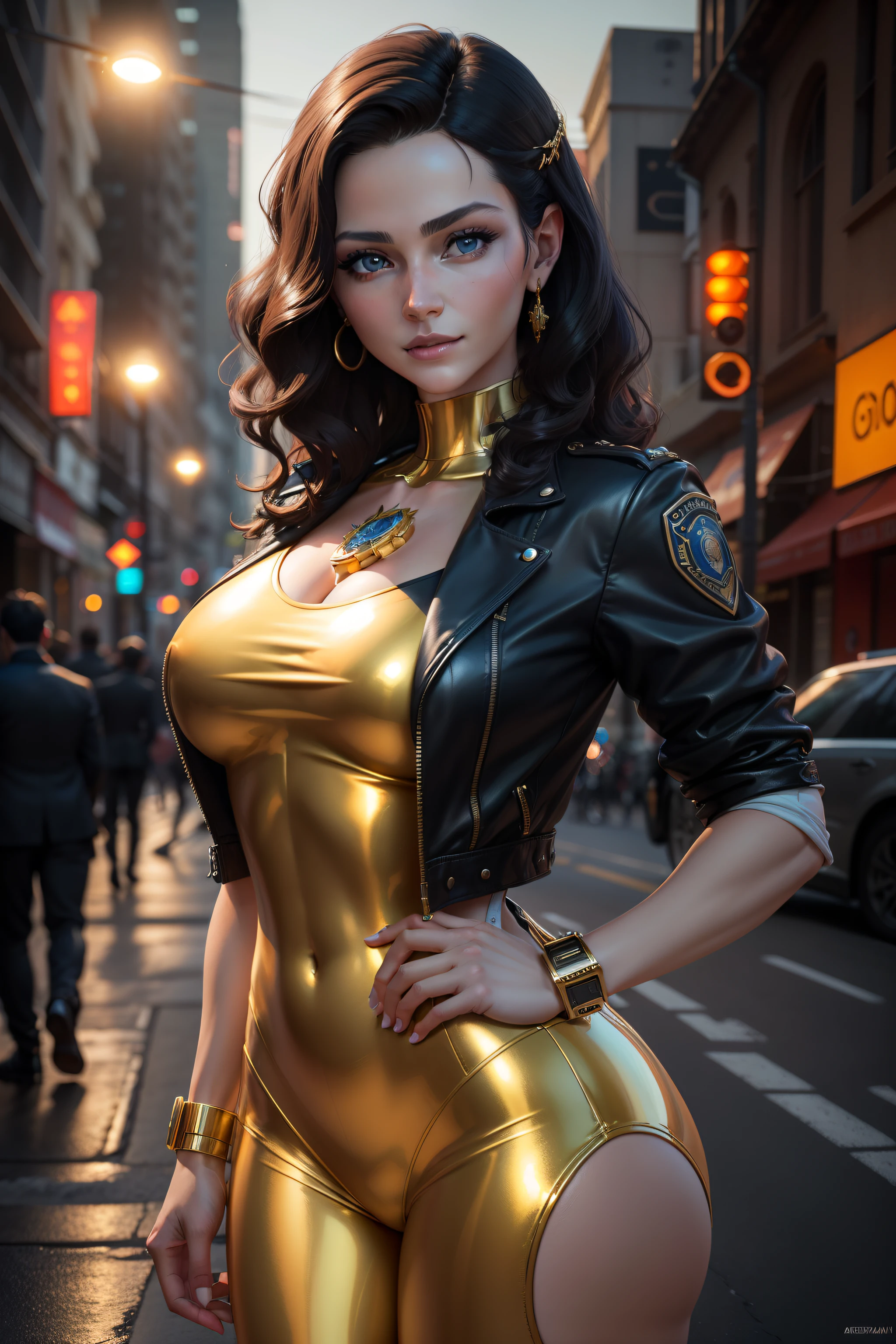 Mom、Looking at 's face and smiling Portrait of gldot as a cute female model, Georgia Fowler, rosto lindo, cabelo castanho escuro curto, in cyberpunk city at night. She's wearing a leather jacket, jeans preto, dramatic lighting, (police badge: 1.2) A closeup of a golden statue of a woman with blue eyes, art nouveau octane rendering, escultura feita de ouro, Art Nouveau hiperrealista, intrincado estilo cgi anime ornamentado, Retrato da deusa 3D, baroque vaporwave statue, Rosto detalhado ), deusa. Detalhes extremamente altos, ouro realista, Arte 3D digital detalhada, alto detalhe do rosto, escultura realista de 8k bernini