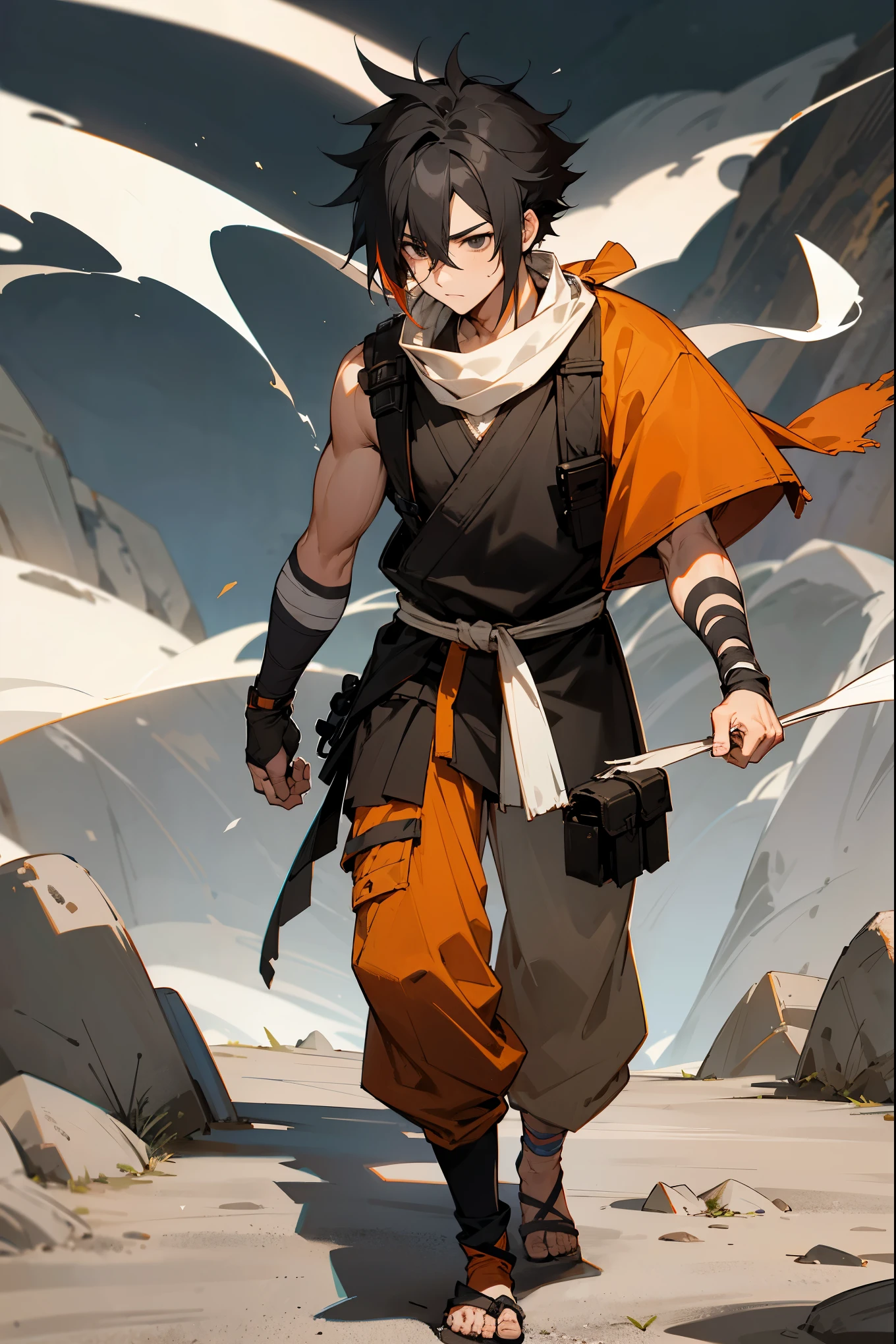 1male, streaked hair, two toned hair, black hair, messy short hair, black eyes, orange shinobi clothing, white bandage scarf around face, bandages body, outside rocky land, night, detailed background, detailed hair, walking on path