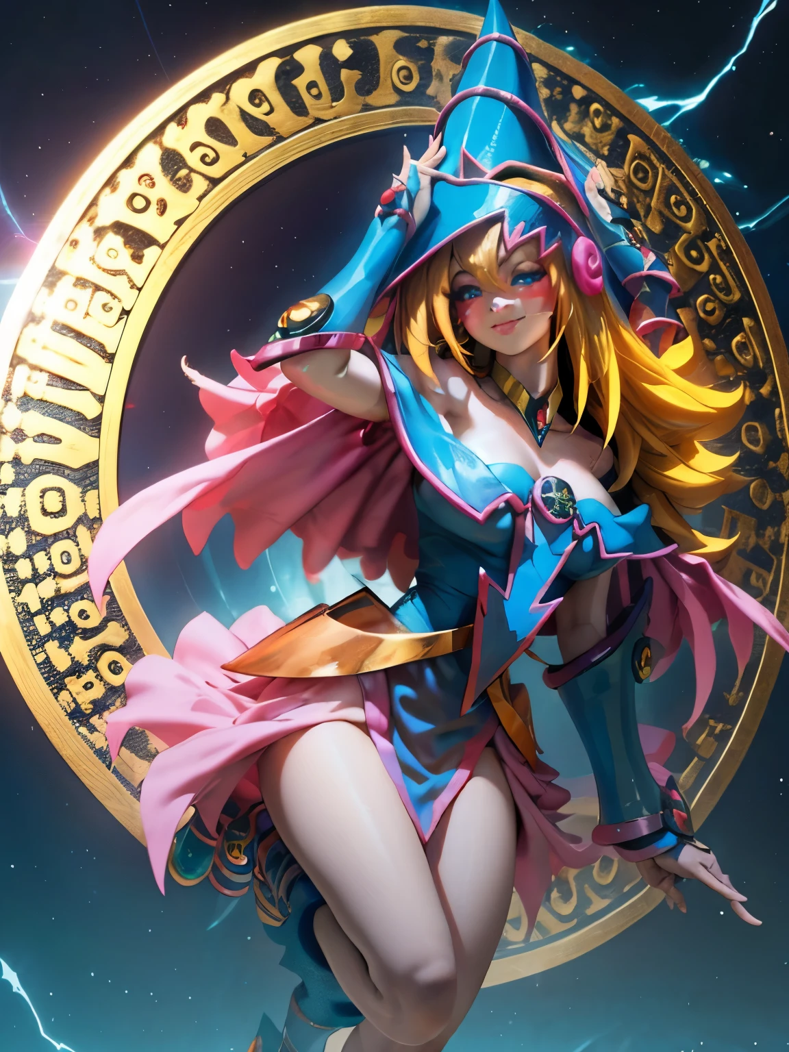 Ultra detallado una dark magician gils. Levitating and with a magic circle in the background. Ojos azules. Labios rojos. Pelo rubio. Seductive look and dreamy smile. Pose sensual y sexy. Fondo de magia