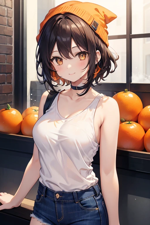 1girl, medium large breasts, orange snow cap, white sleeveless shirt, dark black hair, messy hair, short jeans, friendly and funny smile, dark brown eyes, medium hair
