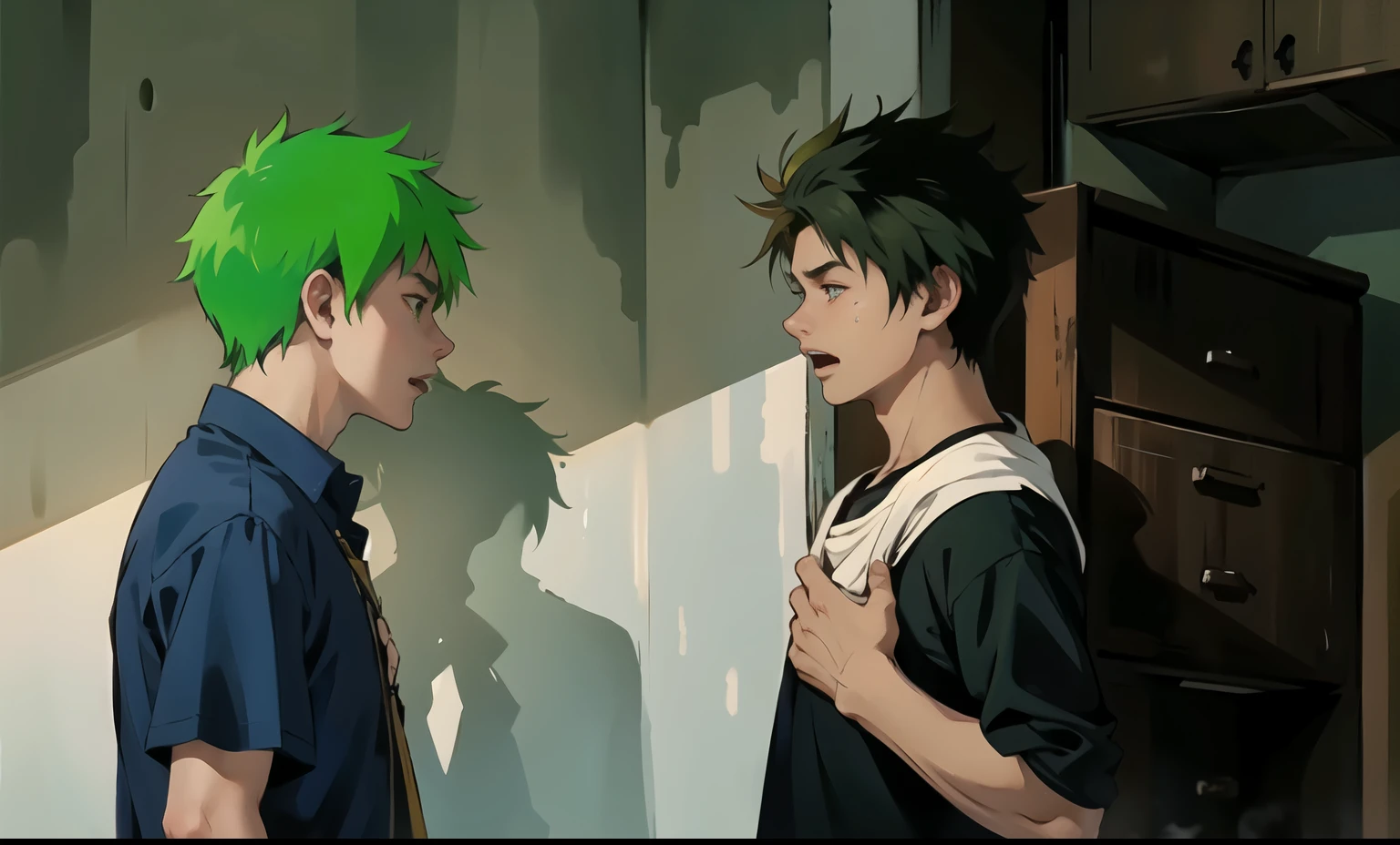 There is a green-haired boy, 16 years old, screaming with his mouth open at the other boy. The other boy feels pain in his chest.