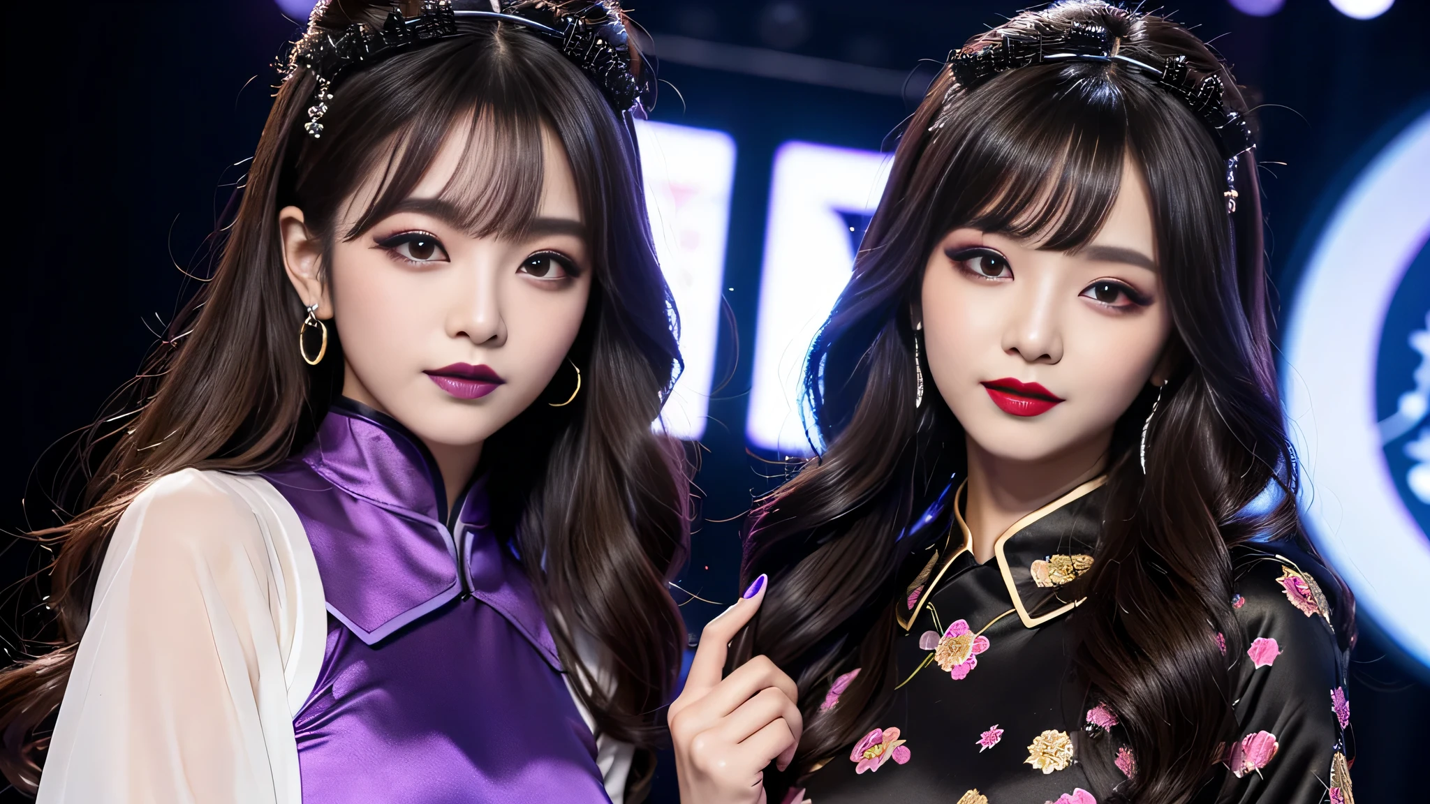2girls、best quality、ultra-detailed、4k、Japanese、Seductive beauty、seductive adult woman、Pretty Woman、cool girl、Villainess、Brainwashed、brainwash、Fallen into evil、smirk、Evil look、Wicked Smile、evil、Brown hair、wavy hair、swept bangs、dark makeup、dark makeup、piercing eyes、hollow eyes,half-closed eyes、Hollow Eyes、Purple Eyeshadow、black lipstick、black lipglos、Long Black Cheongsam、Wide sleeves、night、inside Live stage、Applying lipstick、Making injections