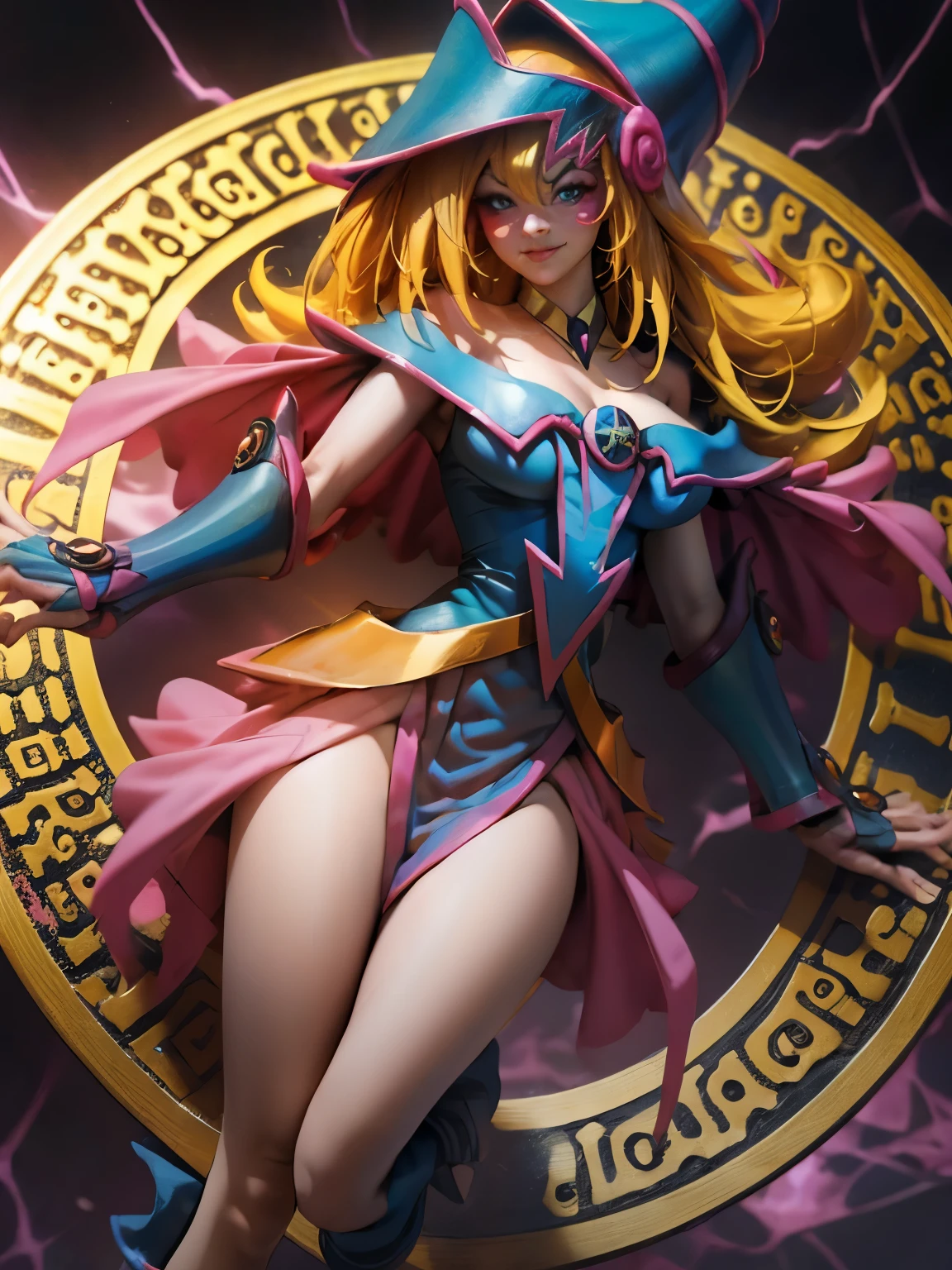 Hermosa y sensual dark magician gils. Levitating and with a magic circle in the background. Ojos azules. Labios rojos. Pelo rubio. Seductive look and dreamy smile.