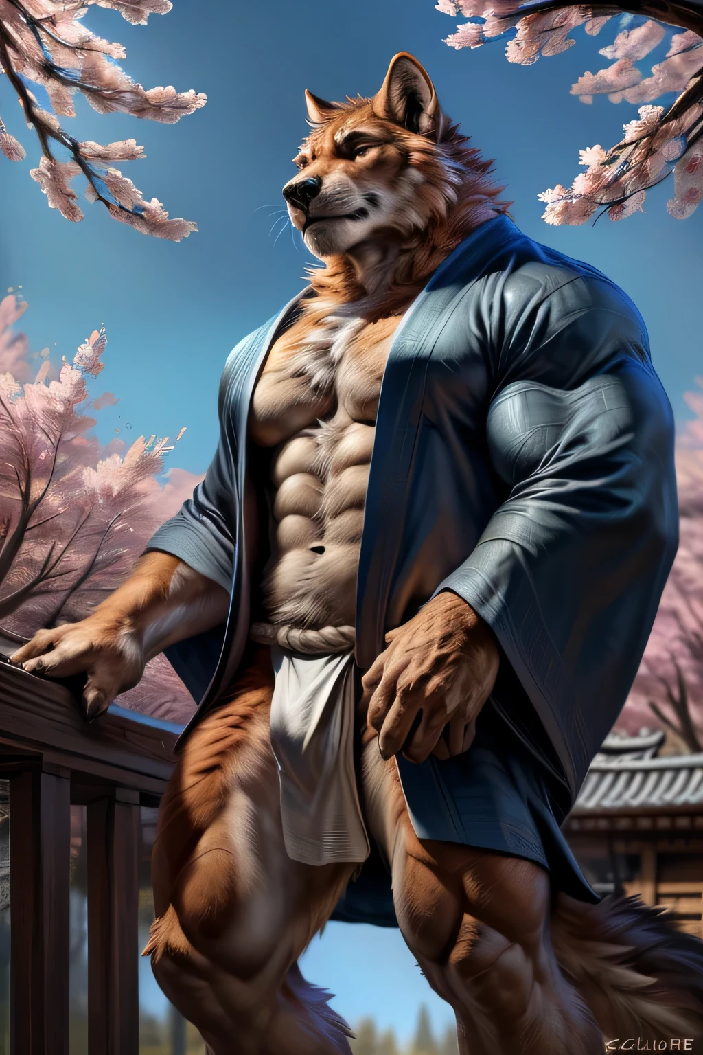 4k, high resolution, best quality, perfect colors, perfect shadows, perfect lighting, ((full bodyportrait)), posted on e621, furry body, solo, anthro orange werewolf, (monotone orange fur:1.3), male, black beard, white ????? fur, adult, (heavily muscular, manly, brutal, masculine:1.4), green eyes, realistic eyes, masculine, (muscular, dense build:1.4, muscular shoulders, strong pecs), kemono, japanese traditional clothes, white (fundoshi),((open) black formal kimono), japanese building,look up to the sky,majestic,brutal,confident,strong,cherry blossoms, sakura blossoms leaves, outdoors, dynamic angle,depth of field,delicate , (photorealistic detailed fur, epic, masterpiece:1.2), (by Taran Fiddler, by Chunie, by Rukis, Bonifasko lighting), claws on hands, (photorealistic fur, detailed fur, epic, masterpiece:1.2), ???? shadows, (by echin, by Taran Fiddler, by takemoto arashi, by Traver009, by Juiceps), (detailed eyes:1.2), impressive physique, serious face, detailed eyes