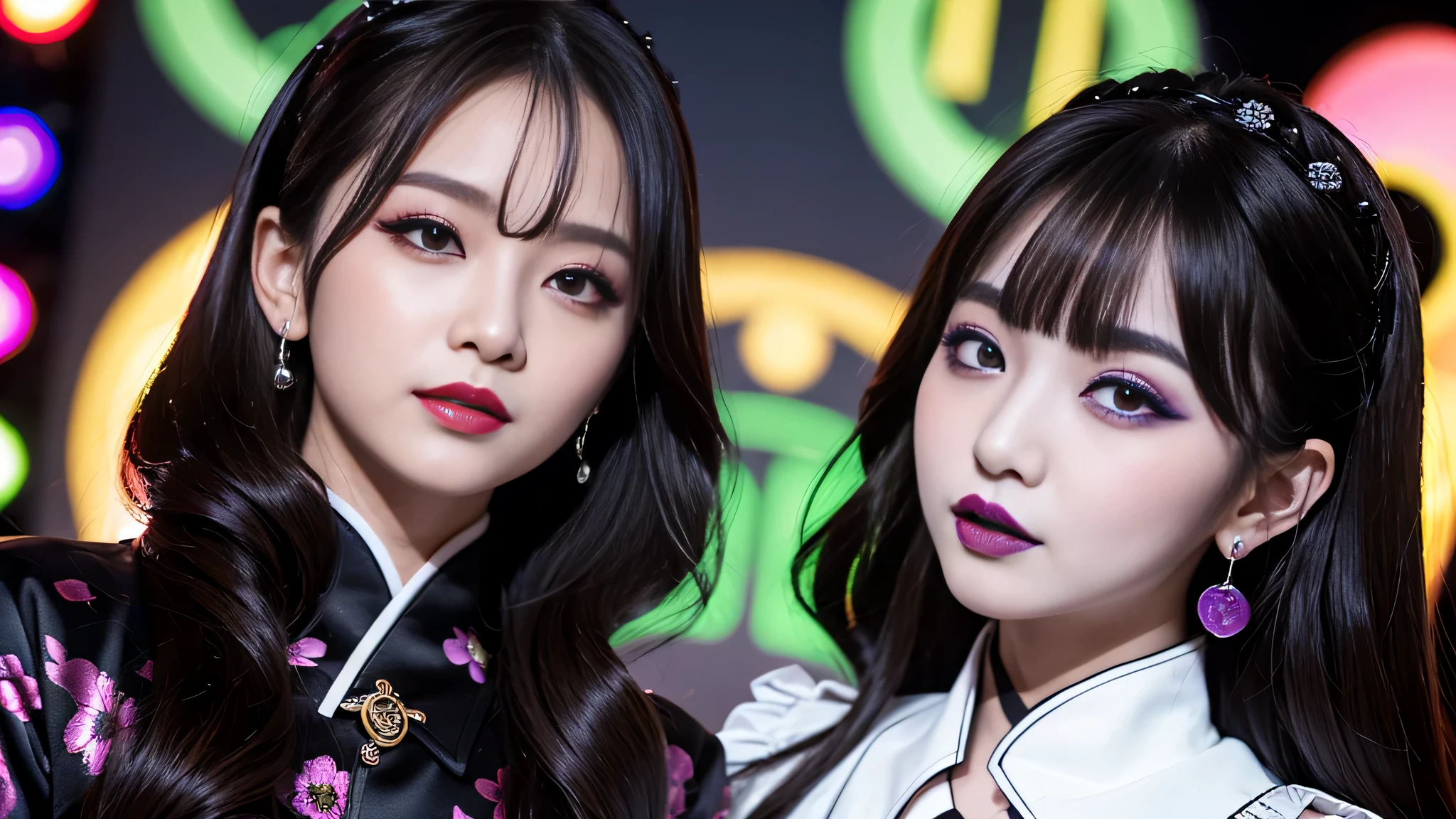 2girls、best quality、ultra-detailed、4k、Japanese、Seductive beauty、seductive adult woman、Pretty Woman、cool girl、Villainess、Brainwashed、brainwash、Fallen into evil、smirk、Evil look、Wicked Smile、evil、Brown hair、wavy hair、swept bangs、dark makeup、dark makeup、piercing eyes、hollow eyes,half-closed eyes、Hollow Eyes、Purple Eyeshadow、black lipstick、black lipglos、Long Black Cheongsam、Wide sleeves、night、inside Live stage、Applying lipstick、Making injections