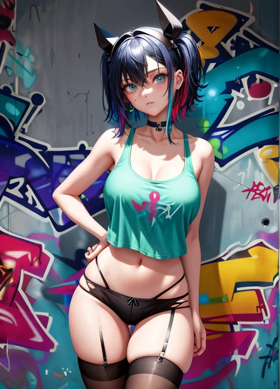 choker, (graffiti:1.5), paint splatter, against wall, looking at viewer, paint on body, multicolored hair, aqua eyes, headset, huge breasts, neckline, large breasts, stockings, stockings in a net, torn stockings, 8K, Sharp image, high quality, detailing, In full swing, sneakers, sneakers, Skate, Panty straps are visible, underpants are visible behind the shorts, short t-shirt, T-shirt covers half of the chest, covers the chest a little, underpants, elastic bands for panties, top half be friends, half chest tank top, Breasts are visible from the bottom of the shirt, half of the chest is visible, очень short t-shirt, Very short T-shirt, видна breast, breast, mosques,