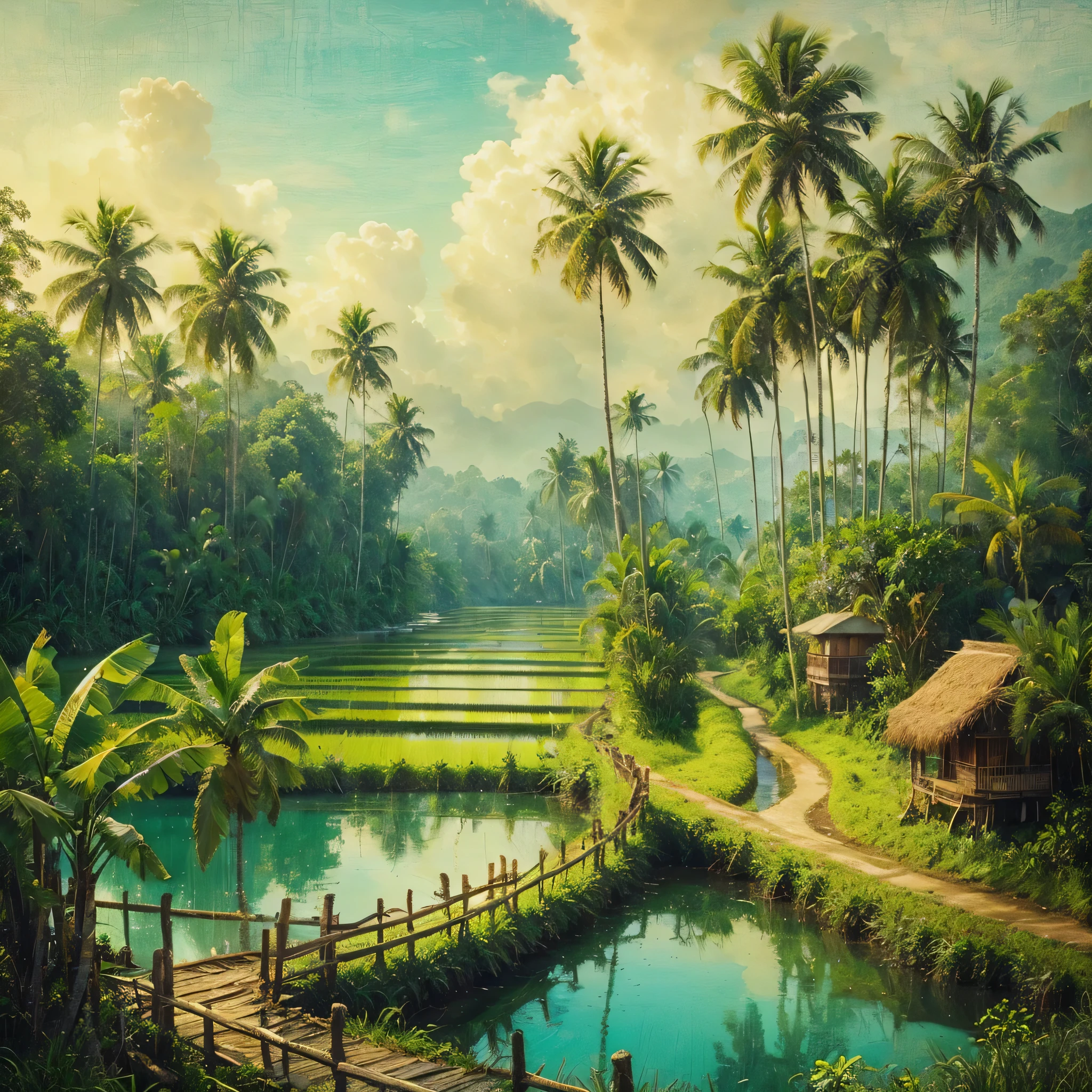 Create a hyperrealistic picture of a beautiful and enchanting view of coconut trees (coconut trees), banana trees (banana trees) on the edge of rice fields (rice fields), wooden fences on the edge of rice fields, small lakes with clear blue water, rivers, oil on rough canvas, textured scumbling technique