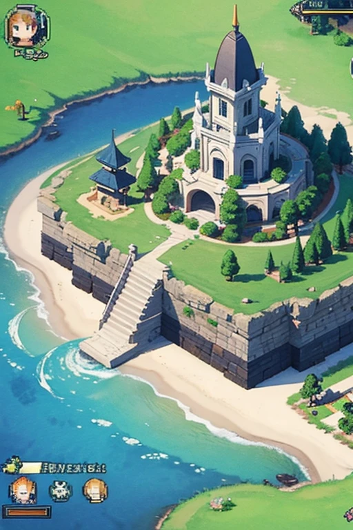 fantasy world, estilo isekai de anime, zona de comercio en la playa, estilo pixel art