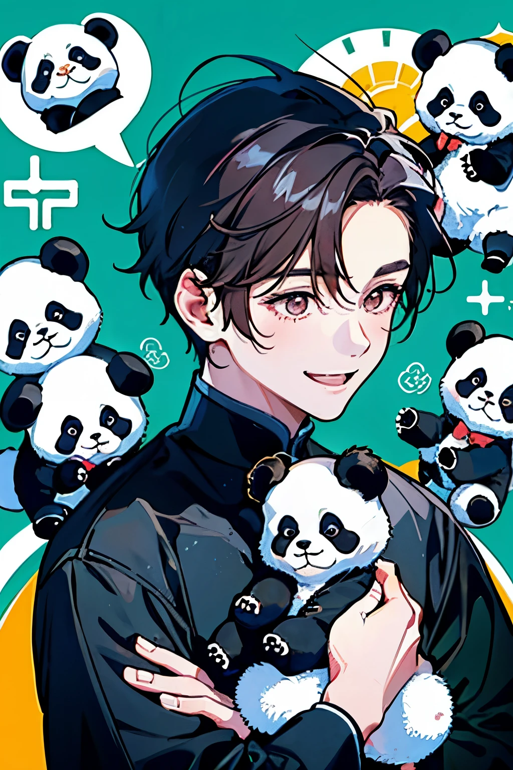 (Two boys around 16 years old),(There are lots of cute mini pandas scattered around:1.3),A bustling, mysterious and overflowing world,smile,looks fun,(colorful color background:1.2)