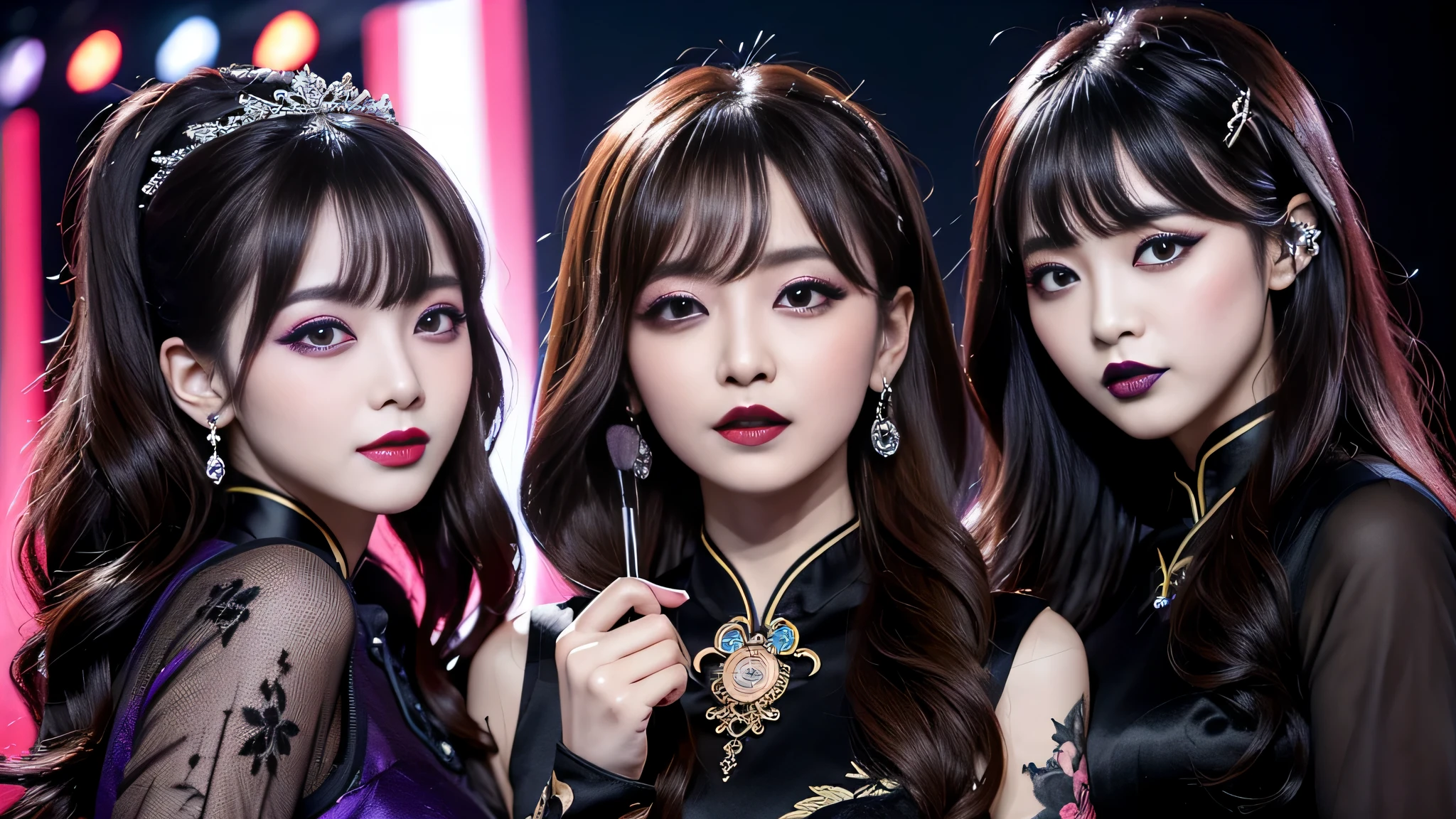 2girls、best quality、ultra-detailed、4k、Japanese、Seductive beauty、seductive adult woman、Pretty Woman、cool girl、Villainess、Brainwashed、brainwash、Fallen into evil、smirk、Evil look、Wicked Smile、evil、Brown hair、wavy hair、swept bangs、dark makeup、dark makeup、piercing eyes、hollow eyes,half-closed eyes、Hollow Eyes、Purple Eyeshadow、black lipstick、black lipglos、Long Black Cheongsam、Wide sleeves、night、inside Live stage、Applying lipstick、Making injections