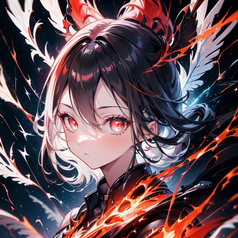 Full body, A humanoid firebird, black dark comic background, glowing contours, thunders and lightning, red glowing eyes, clear white feather wings, sparkles, oil painting, digital illustration, trending on Artstation, sharp focus, studio photo, intricate high details, close up portrait, sharp focus, looking forward, masterpiece, award winning perfect work of art 