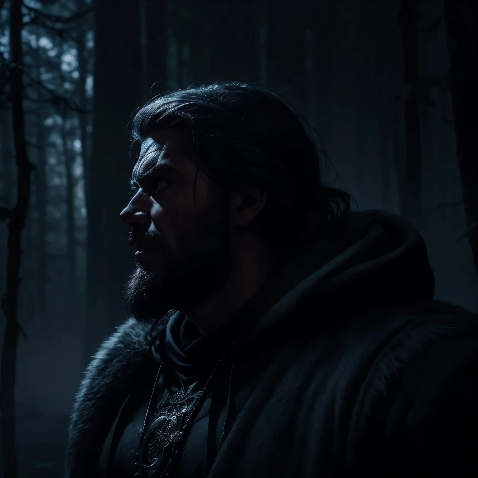 profile portrait of a strong man with a nordic hood in a dark frozen forest at night, floresta escura sem luz, Nordic man forte em uma floresta sombria, portrait in a forest during twilight, floresta negra floresta sombria, Horror fantasy art, homem com barba, ( ( ( Horror art ) ) ), big muscles, Nordic man, homem poderoso, horrible forest, Horror illustration, gore horror, Horror painting, nightmare illustration, Norse Viking