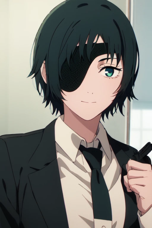 himeno-lora, 1girl, eyepatch, black hair, short hair, blue eyes, green hair, gradient eyes, dark hair, dark green hair, blue-green eyes, necktie, solo, himeno (chainsaw man), black necktie, formal, suit, shirt, collared shirt, white shirt, black jacket, jacket, looking at viewer, masterpiece, best quality,