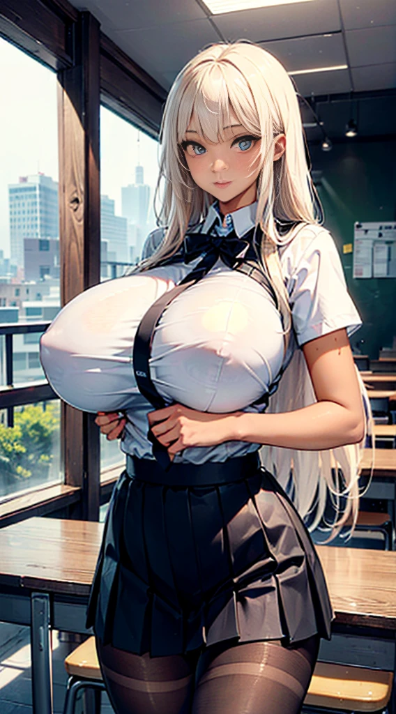 One  anime girl, ((masterpiece:1.2)), highest quality, slender girl with Hourglass-shaped body, alone, cute, Shy girl, ((Girls wear , Short pleated skirt, White blouse, Schools in South Korea制服)), sexy, A girl showing off her attractive breasts, ((Platinum Blonde Hair, Long Hair)), blue eyes, Pink Orb, Fine grain, Beautiful Eyes, Delicate eyes, ((Hourglass-shaped body, sexy body)), Correct Anatomy, Correct limbs, ((Huge breasts:1.5)), Juicy lips, Pouting, [Detailed Background (Schools in South Korea, South Korea Colleges and Universities, Seoul, South Korea)],((Black pantyhose)),((Side Shot)),((View from between the legs))BREAK((tan skin:1.6))