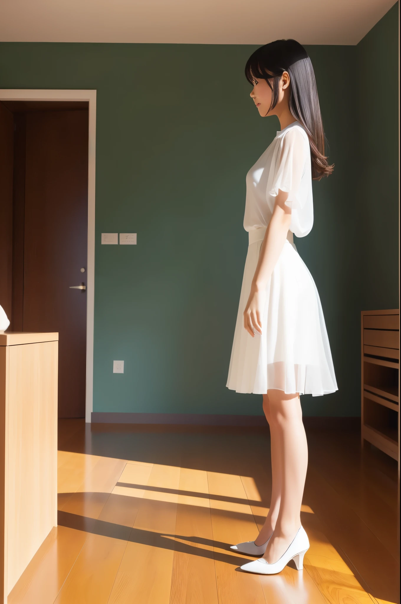 ((Full body:1.2,Voyeur from the side:1.2,from a distance:1.2)),1 Japanese girl,leaning forward on tiptoe,open stance,blushing and embarrassed face,summer casual style,See-through white blouse,See-through white flare skirt,white choker,See-through white Panty,white high heels,slim body shape,from below,realistic,best quality,ultra-detailed,high resolution,beautiful white skin,looking at another,flooring room