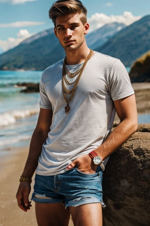 (masterpiece,best quality,photorealistic, DSLR,F/1.2) (man 22 years old on the beach ) (full-length photo) (perfect angle) (mountains in the background ) (man has brown hair, oval face stretched upwards, hairstyle - underrcut, hair length - 8 cm) (color Porta 160, iPhone 15 pro photo) (unprocessed photo) (man is wearing maroon T-shirt, shorts ,bronze chain around his neck, expensive watch on his arm.) (natural light)
