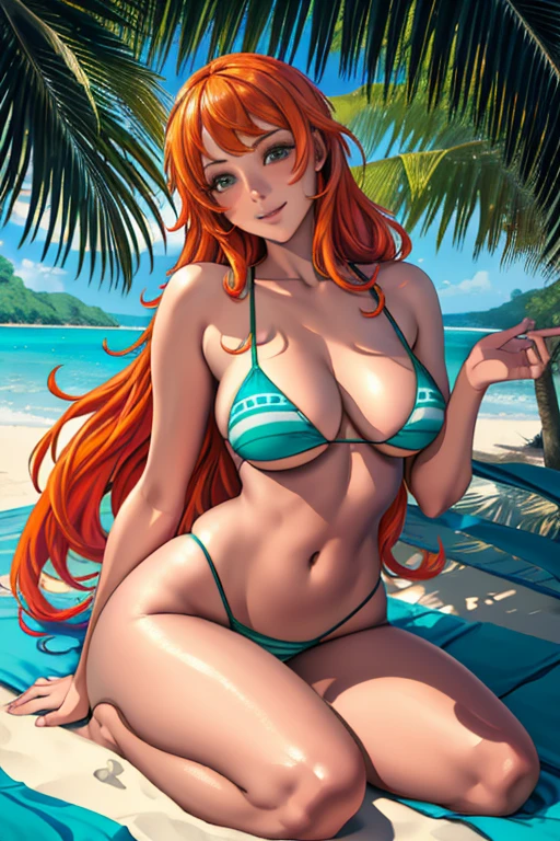 Nami,small panties,detailed eyes and face,flowing hair,beautiful smile,bright and vibrant colors,portrait,realistic lighting,dreamlike atmosphere,(oil painting:1.1),(highres:1.2),beach background,sunny day,crystal clear water,tropical plants,relaxing vibe,paradise scene.