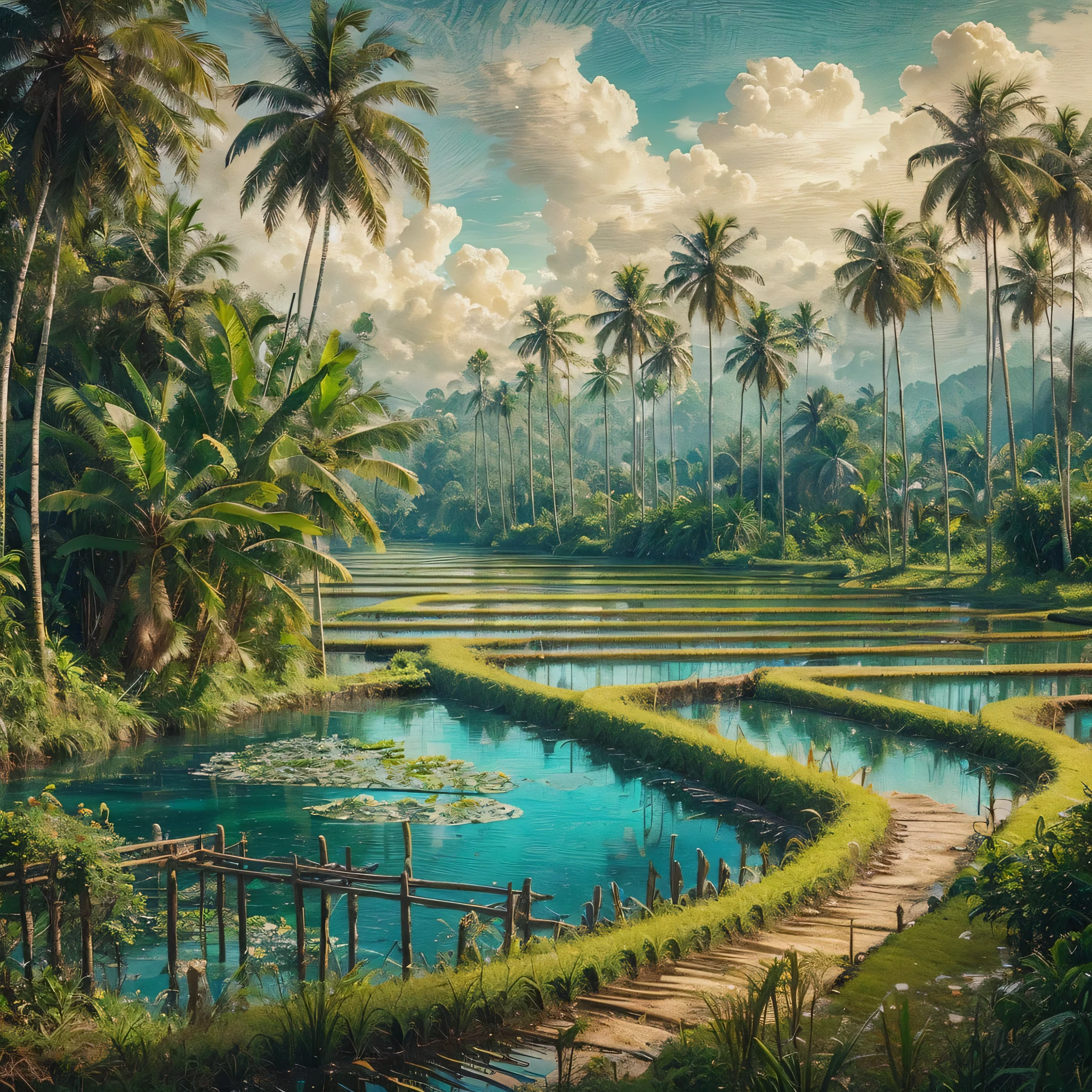 Create a hyperrealistic picture of a beautiful and enchanting view of coconut trees (coconut trees), banana trees (banana trees) on the edge of rice fields (rice fields), wooden fences on the edge of rice fields, small lakes with clear blue water, rivers, oil on rough canvas, textured scumbling technique