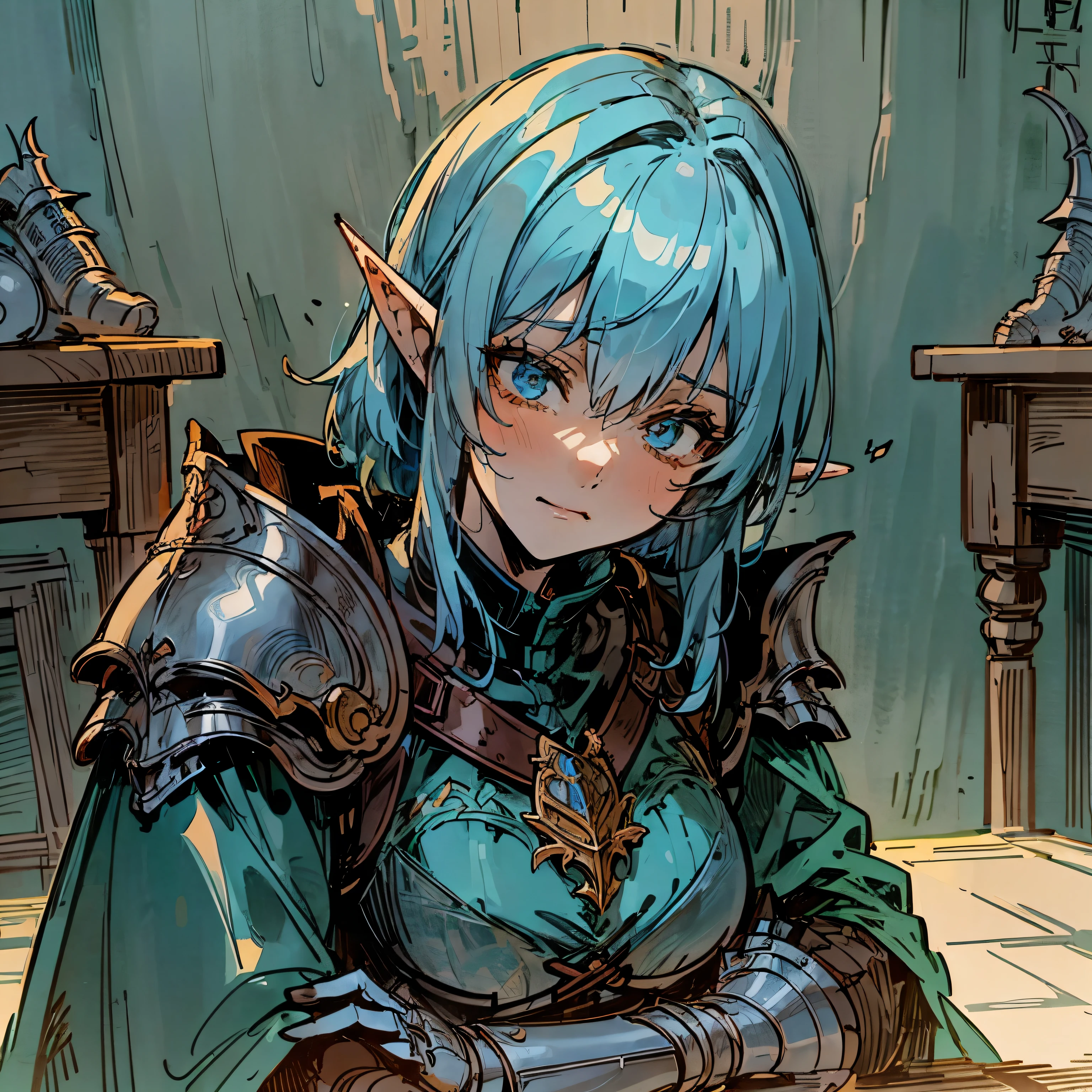 (Background: Study room, wooden walls, booshelves, wooden floor) looking other way, close up, Cleddyf the elf knight,Strong Female elf knight, wearing knight armor, short light blue hair, short, neutral look, blank smile, emotionless[Face close up, detailed face, attention to face, realistic anime], dark fantasy, medieval fantasy, night time
