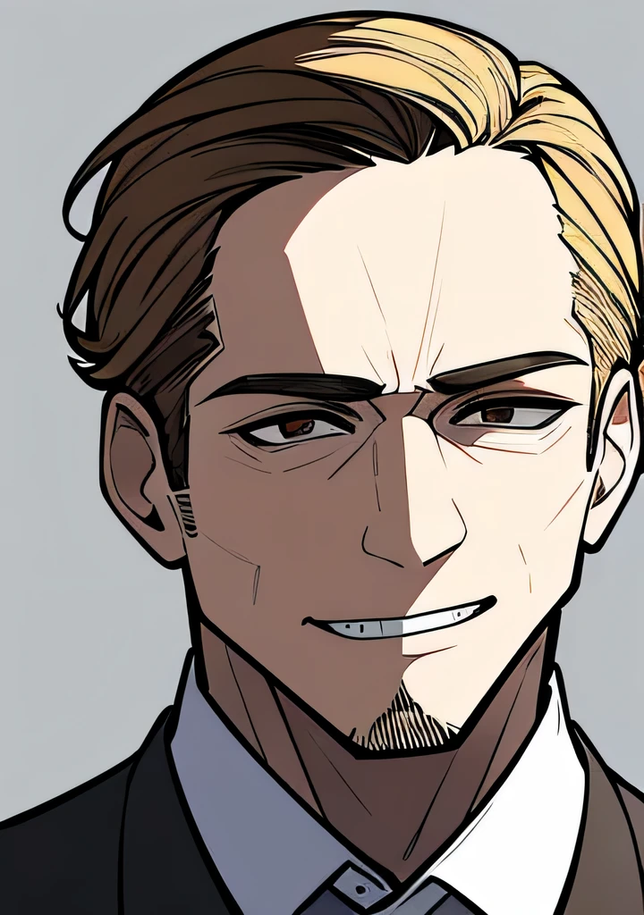 One 45 year old Adult male, handsome, brownish blonde short hair parted down the middle, side burns, stubble, brown eyes, cocky overconfident and murderous expression, shit eating grin, wearing white collared shirt, portrait style, facing forwards, plain grey background