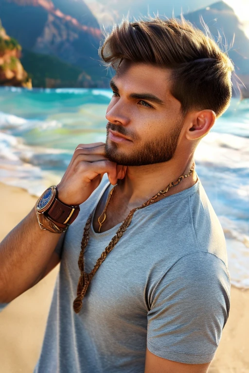 (masterpiece,best quality,photorealistic, DSLR,F/1.2) (man 22 years old on the beach ) (full-length photo) (perfect angle) (mountains in the background ) (man has brown hair, oval face stretched upwards, hairstyle - underrcut, hair length - 8 cm) (color Porta 160, iPhone 15 pro photo) (unprocessed photo) (man is wearing maroon T-shirt,bronze chain around his neck, expensive watch on his arm.) (natural light)