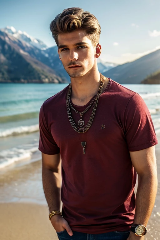 (masterpiece,best quality,photorealistic, DSLR,F/1.2) (man 22 years old on the beach ) (full-length photo) (perfect angle) (mountains in the background ) (man has brown hair, oval face stretched upwards, hairstyle - underrcut, hair length - 8 cm) (color Porta 160, iPhone 15 pro photo) (unprocessed photo) (man is wearing maroon T-shirt,bronze chain around his neck, expensive watch on his arm.) (natural light)